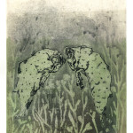 Béliers verts, aquatinte sur papier, 30 x 40 cm, 2017 © Marie Tijou