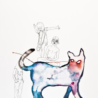 Chat, aquarelle, encre et staedtler sur papier, 56 x 76 cm, 2015 © Marie Tijou