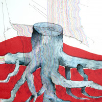 Racines, stylo, aquarelle et gravure, 40 x 50 cm, 2023 © Marie Tijou et Floriane Musseau