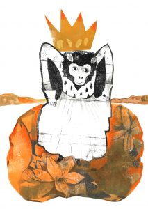 La reine guenon, gravure et monotype sur papier, 30 x 40 cm, 2026 © Marie Tijou