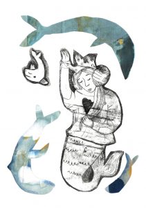 La reine sirène, gravure et monotype sur papier, 30 x 40 cm, 2026 © Marie Tijou