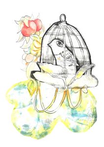 Cage à oiseau, gravure et monotype sur papier, 30 x 40 cm, 2026 © Marie Tijou