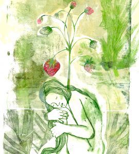 Fraises des bois, gravure et monotype sur papier, 50 x 35 cm, 2026 © Marie Tijou