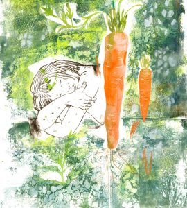 Carottes sauvages, gravure et monotype sur papier, 50 x 35 cm, 2026 © Marie Tijou