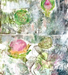 Artichauts, gravure et monotype sur papier, 50 x 35 cm, 2026 © Marie Tijou