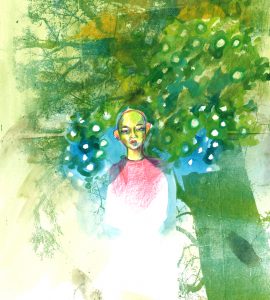 Bulles vertes, gravure et monotype sur papier, 40 x 30 cm, 2026 © Marie Tijou