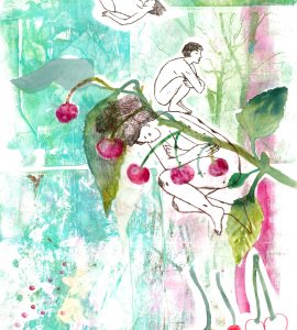 Cerises, gravure et monotype sur papier, 50 x 35 cm, 2026 © Marie Tijou