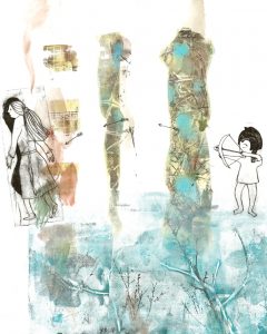 Flèches en plein coeur, monotype et gravure, 40 x 50 cm, 2025 © Marie Tijou