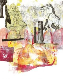 La pourchassée, monotype, collage et gravure, 40 x 50 cm, 2025 © Marie Tijou