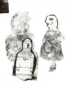 L'annonce sur le quai, monotype et gravure, 40 x 50 cm, 2025 © Marie Tijou