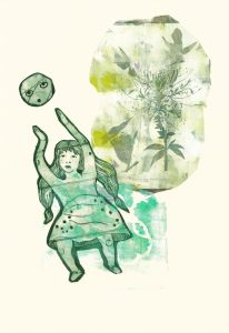 Le ballon vers la lune, gravure et collage, 40 x 50 cm, 2024 © Marie Tijou