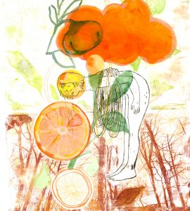 Orange pressée, gravure et monotype sur papier, 50 x 35 cm, 2026 © Marie Tijou