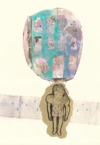 Pensée montgolfière, gravure et collage, 40 x 50 cm, 2024 © Marie Tijou